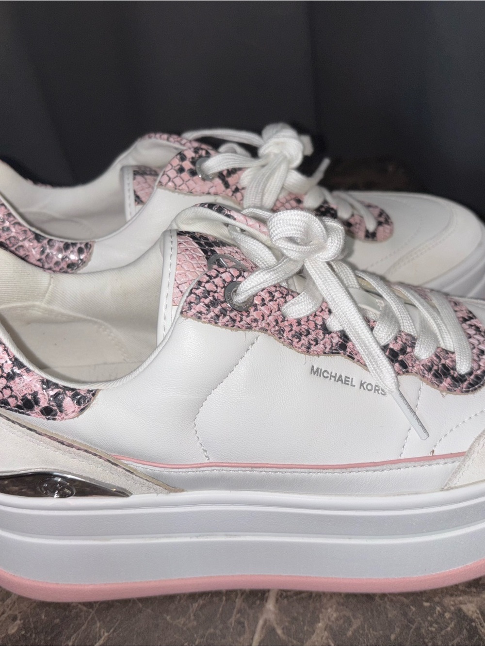 Michael Kors White Platform Sneakers with Pink Snake-Print Trim